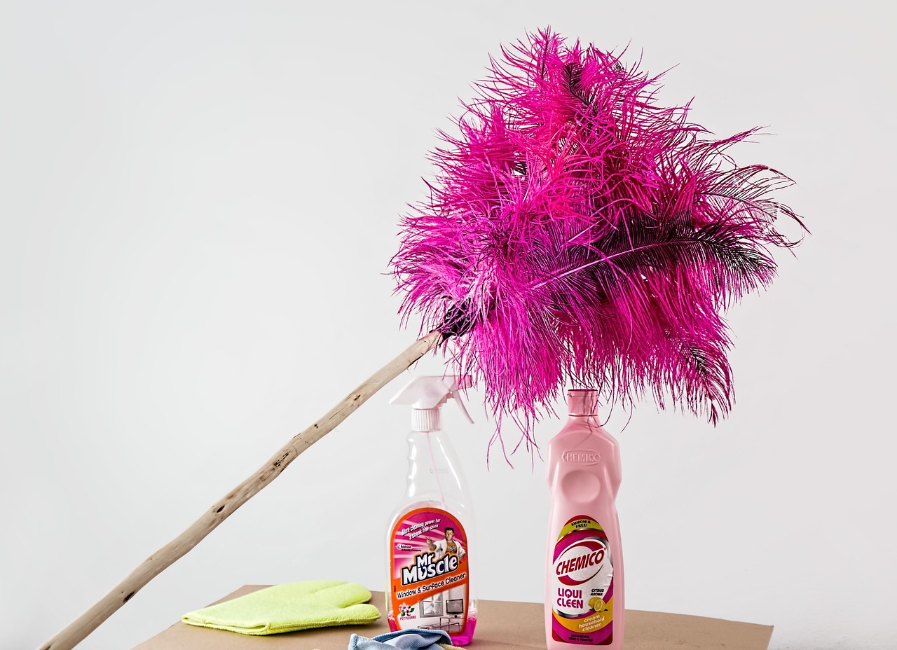 Reusable cleaning supplies: cloth, brush, spray bottle